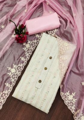 Off White Embroidered Chanderi Dress Material