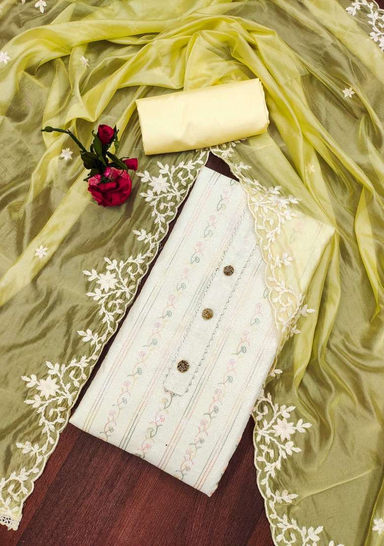 Off White Embroidered Chanderi Straight Kurta Set - Indya