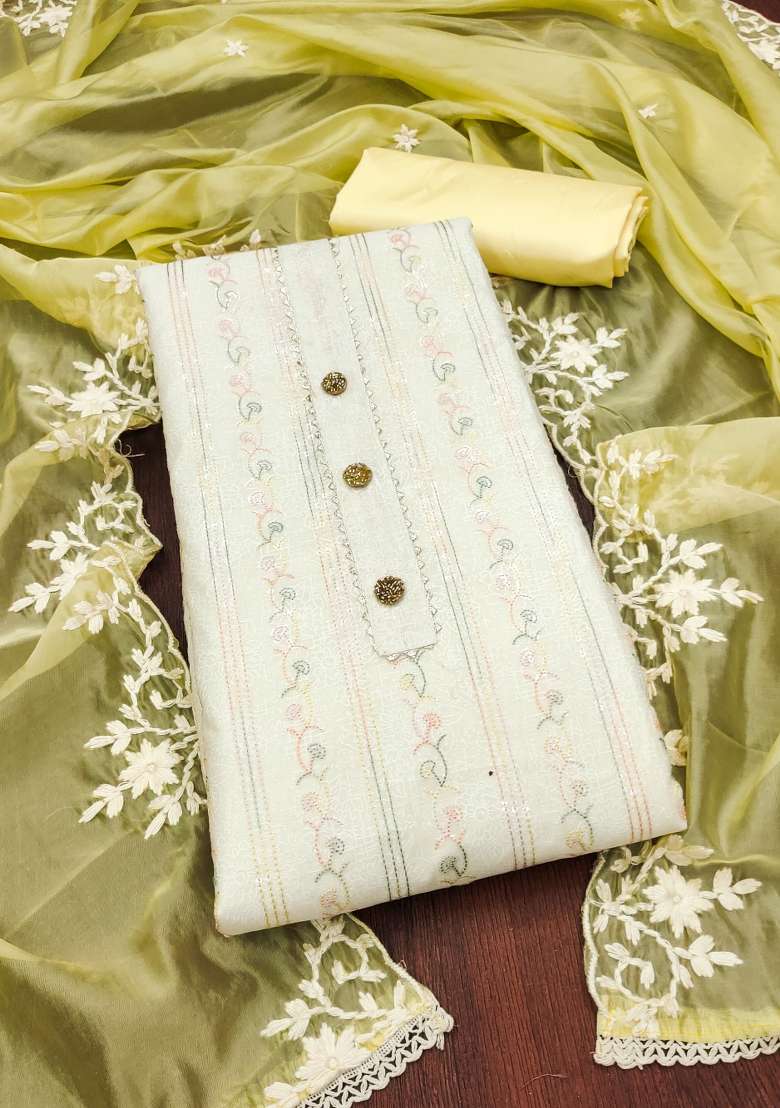 Off White Embroidered Chanderi Straight Kurta Set - Indya