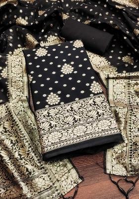 Black Embroidered Cotton Blend Dress Material