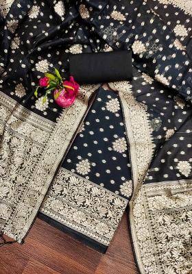 Black Embroidered Cotton Blend Dress Material