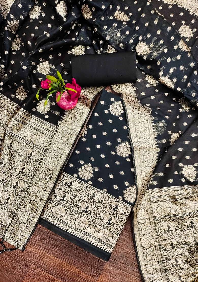 Black Embroidered Cotton Blend Dress Material - Indya