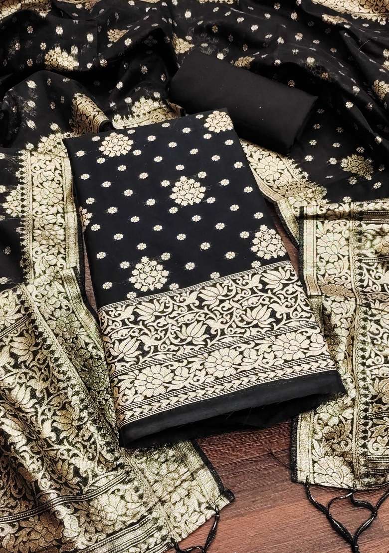 Black Embroidered Cotton Blend Dress Material - Indya