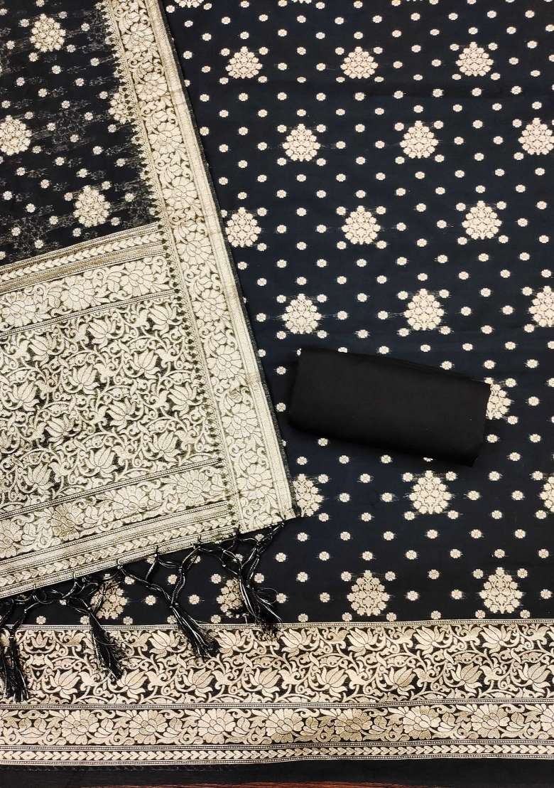 Black Embroidered Cotton Blend Dress Material - Indya