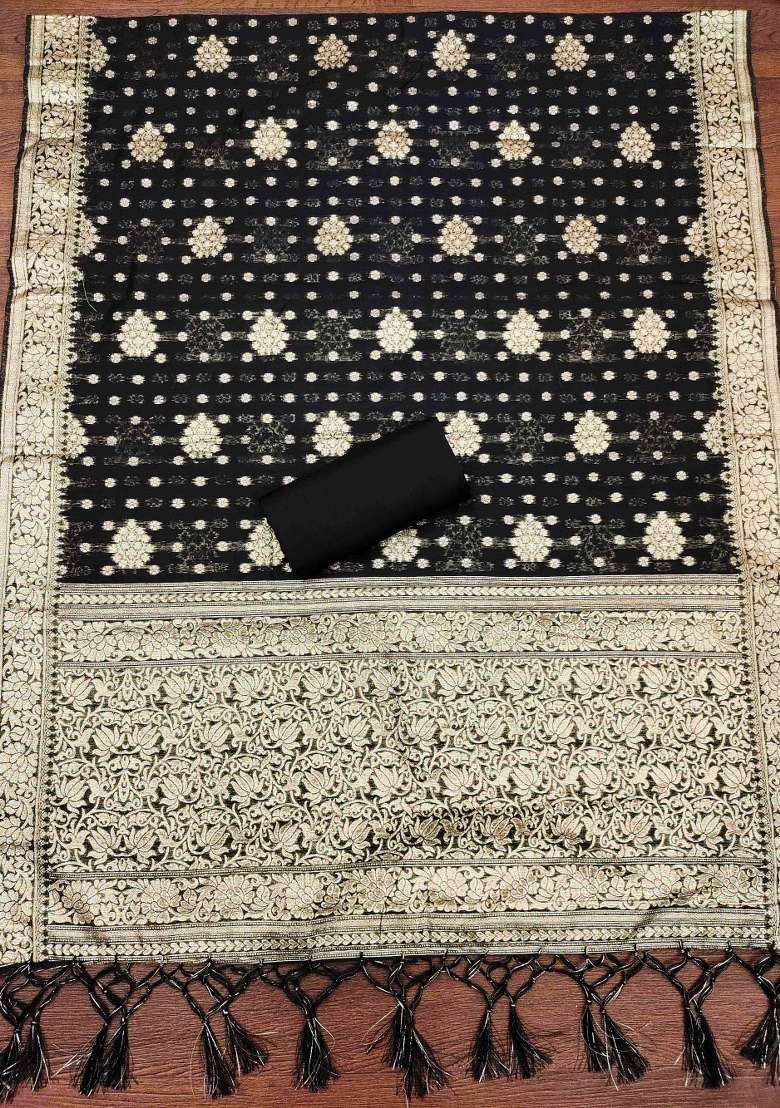 Black Embroidered Cotton Blend Dress Material - Indya