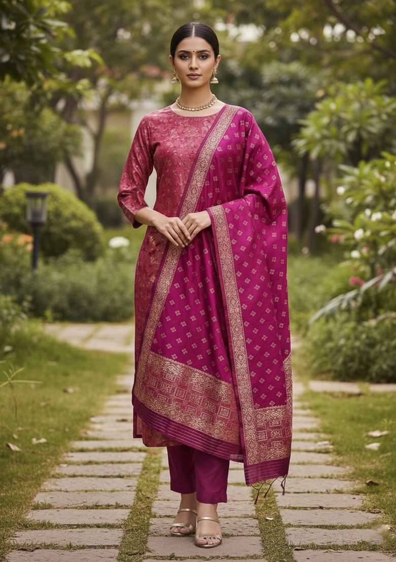 Pink Jacquard Silk Straight Kurta Set - Indya