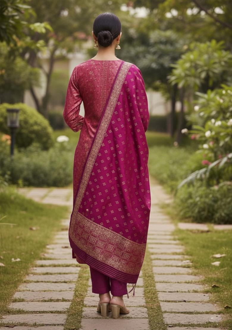 Pink Embroidered Silk Dress Material - Indya
