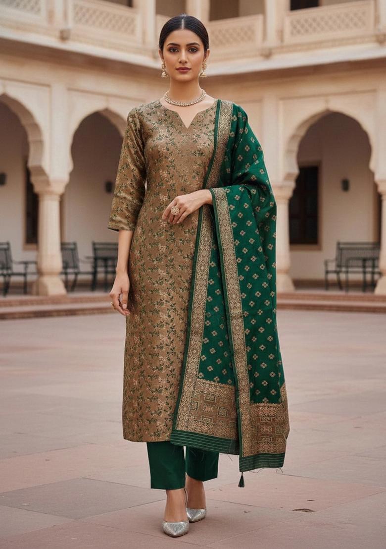 Mehandi Green Embroidered Silk Dress Material