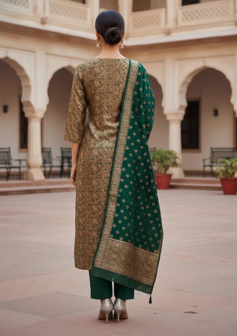 Mehandi Green Embroidered Silk Dress Material