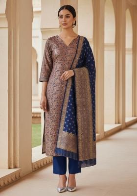 Navy Blue Embroidered Silk Dress Material