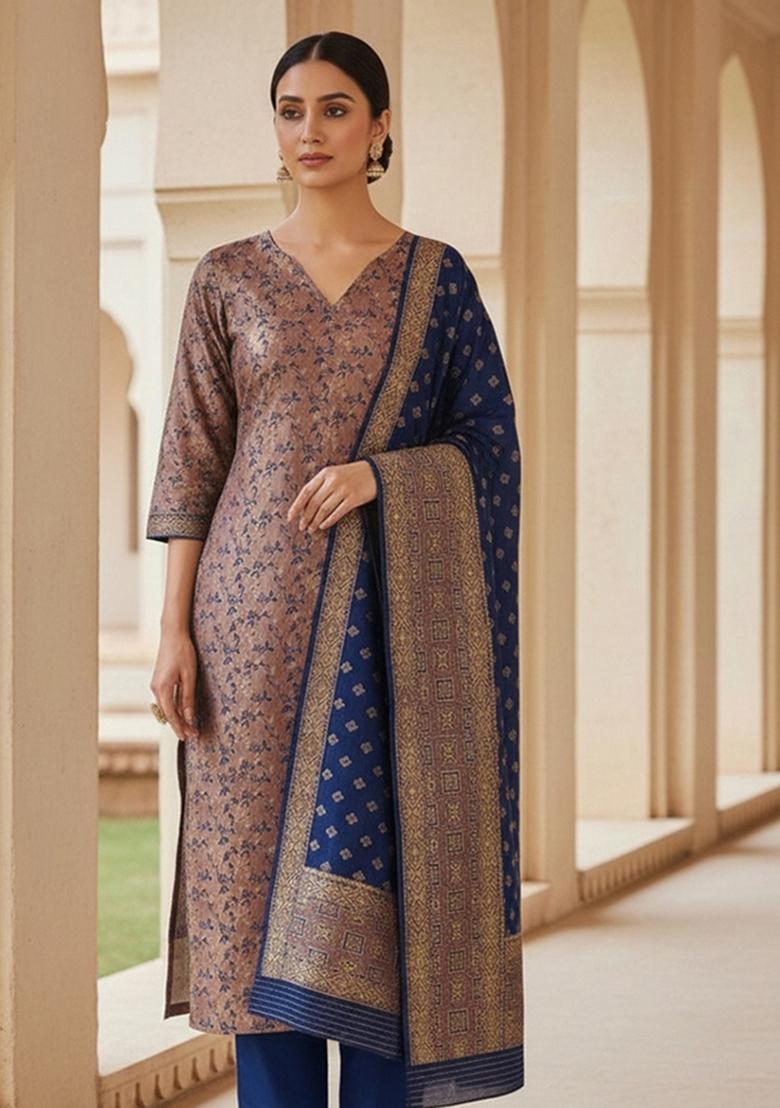Navy Blue Embroidered Silk Dress Material - Indya