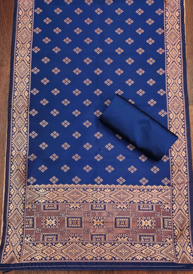 Navy Blue Embroidered Silk Dress Material - Indya