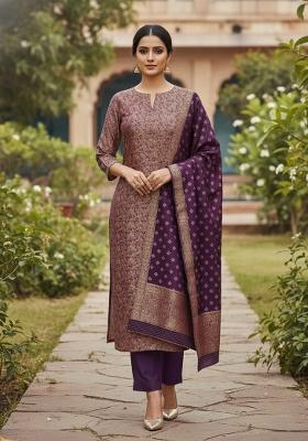 Wine Embroidered Silk Dress Material