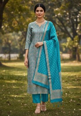 Sky Blue Embroidered Silk Dress Material