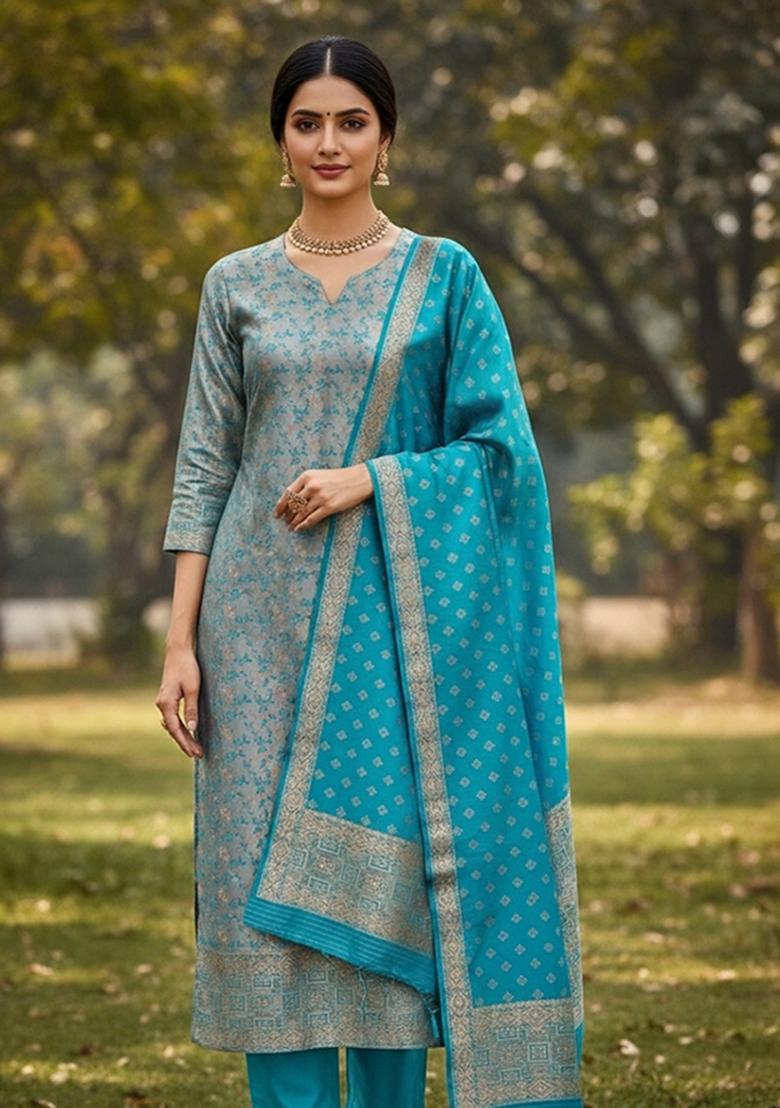 Sky Blue Embroidered Silk Dress Material - Indya