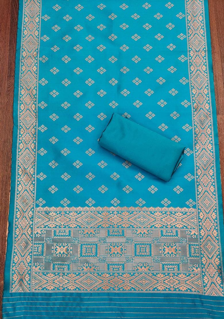 Sky Blue Embroidered Silk Dress Material - Indya