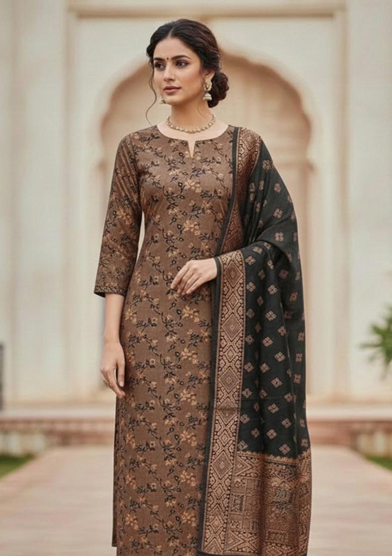 Black Embroidered Silk Dress Material - Indya