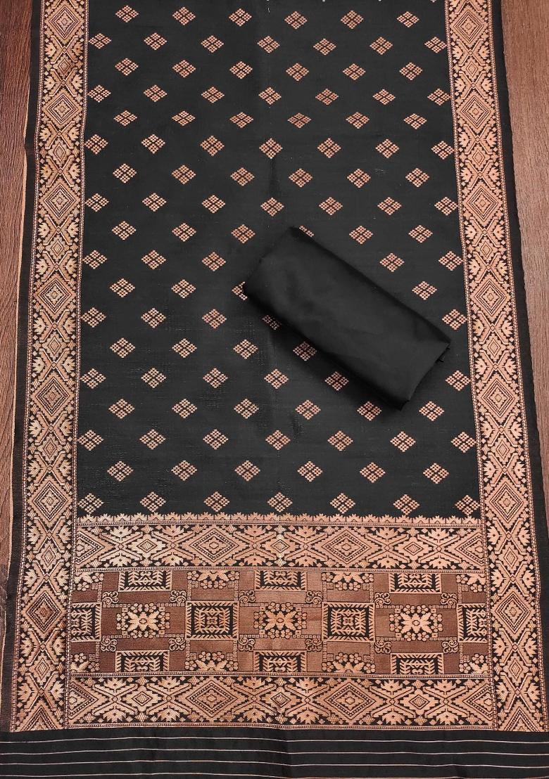 Black Embroidered Silk Dress Material - Indya