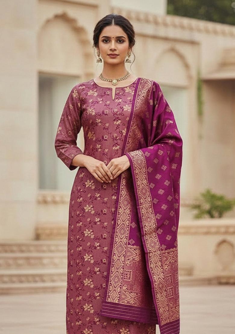 Pink Embroidered Silk Dress Material - Indya