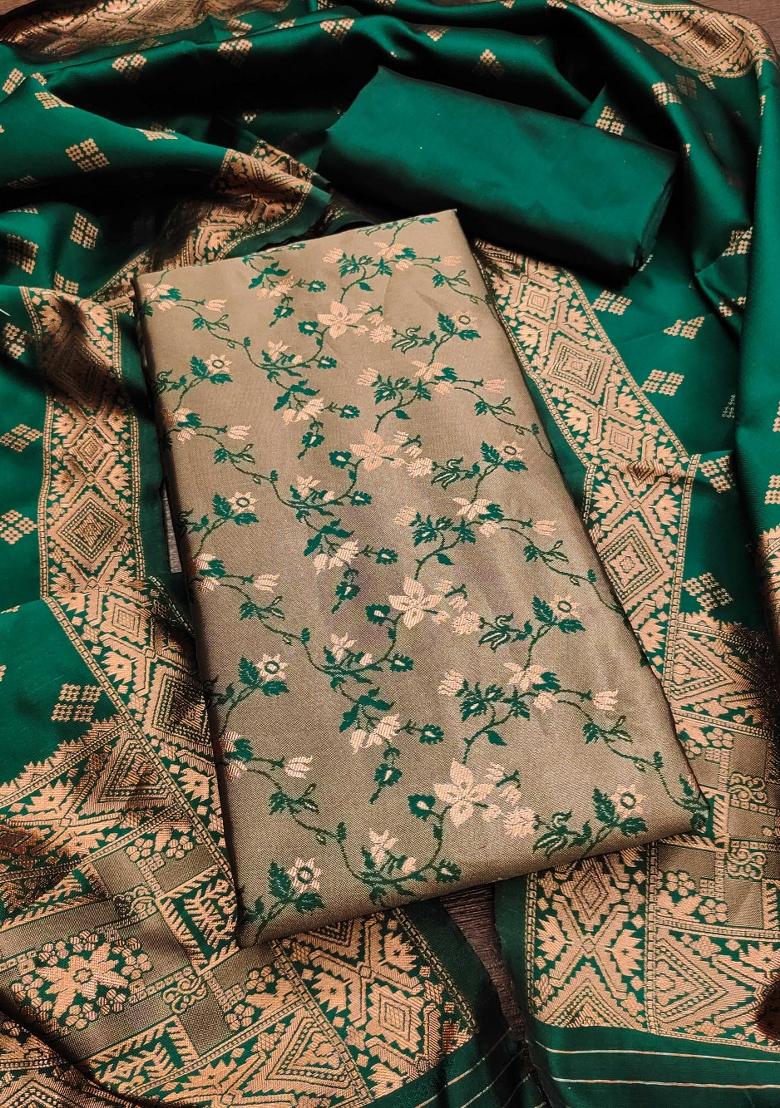Mehandi Green Embroidered Silk Dress Material