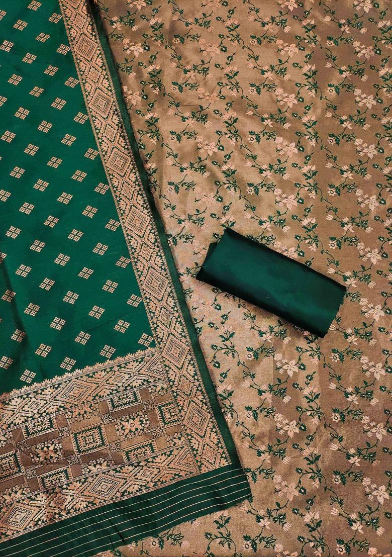 Mehandi Green Embroidered Silk Dress Material