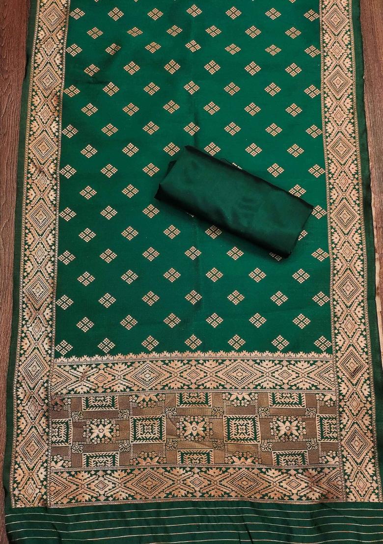 Mehandi Green Embroidered Silk Dress Material - Indya