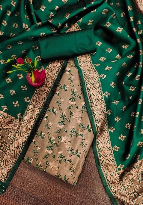 Mehandi Green Embroidered Silk Dress Material