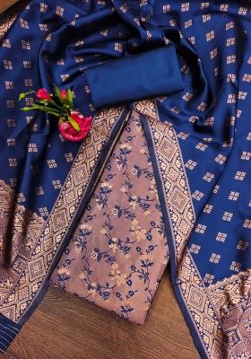 Navy Blue Embroidered Silk Dress Material