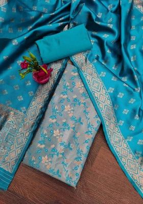 Sky Blue Embroidered Silk Dress Material