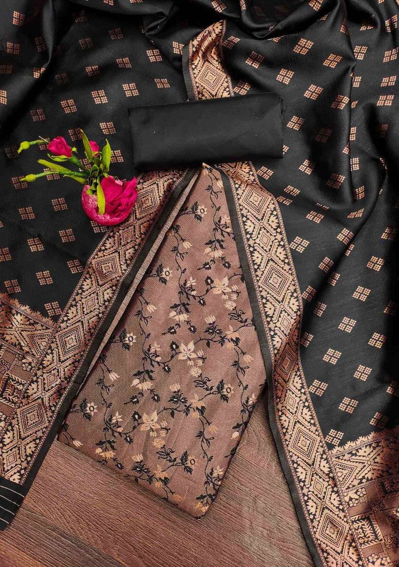 Black Jacquard Silk Blend Straight Kurta Set - Indya