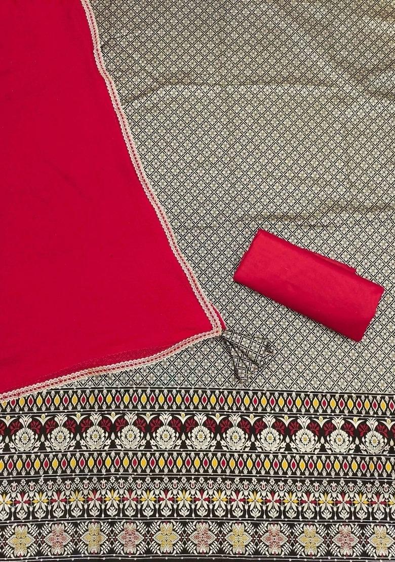 Black Embroidered Jacquard Dress Material - Indya