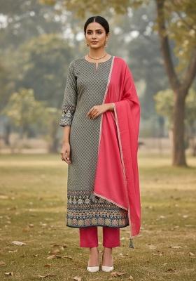 Navy Blue Embroidered Jacquard Dress Material