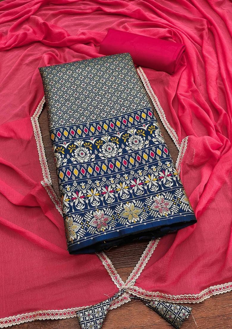 Navy Blue Embroidered Jacquard Dress Material