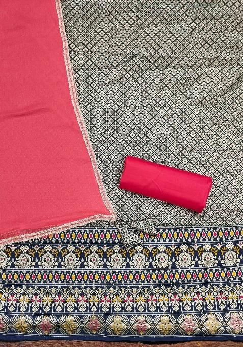 Navy Blue Embroidered Jacquard Dress Material