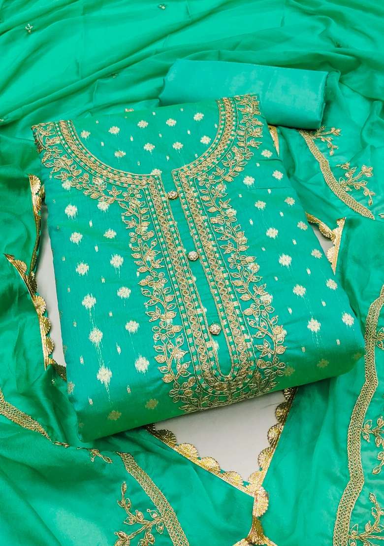 Sea Green Embroidered Cotton Straight Kurta Set - Indya