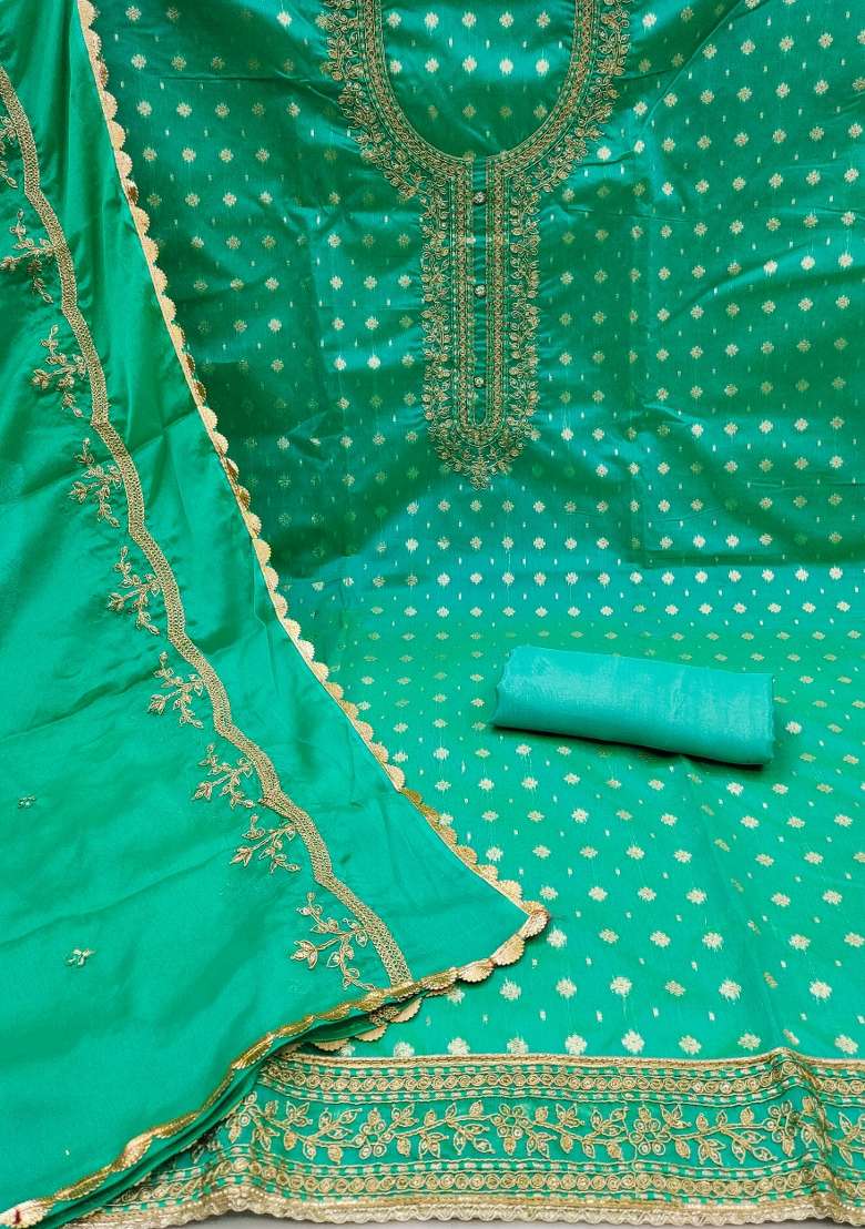 Sea Green Embroidered Cotton Straight Kurta Set - Indya