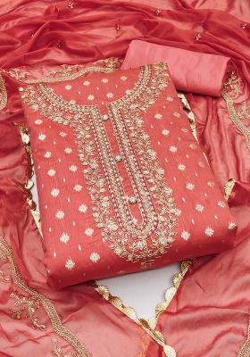 Peach Embroidered Cotton Blend Dress Material