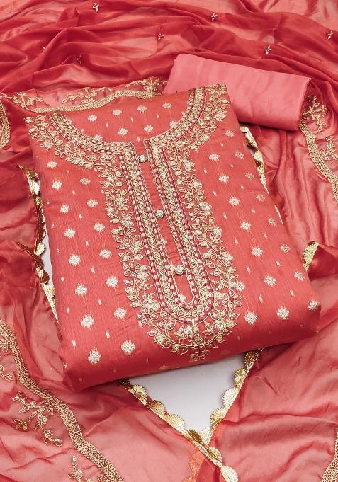 Peach Embroidered Cotton Blend Dress Material