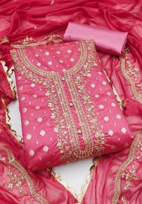 Pink Embroidered Cotton Blend Dress Material