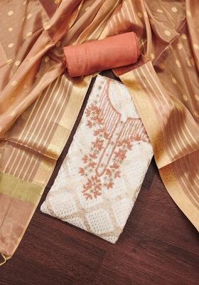 White Embroidered Cotton Blend Dress Material