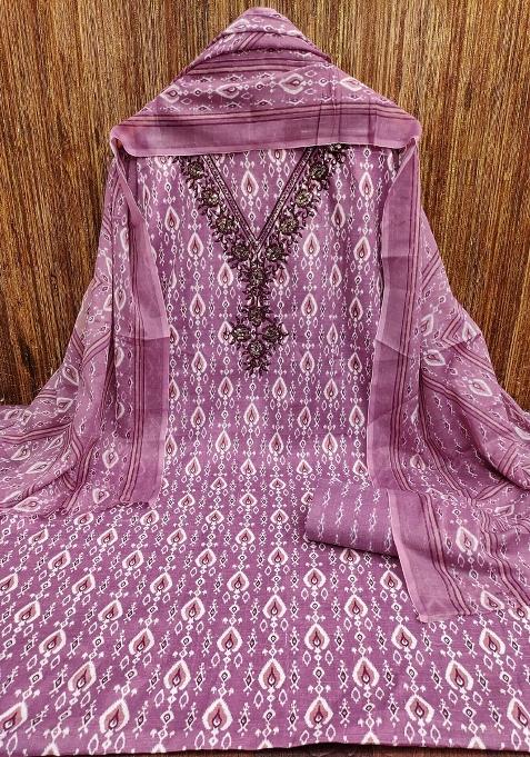 Purple Embroidered Cotton Blend Dress Material