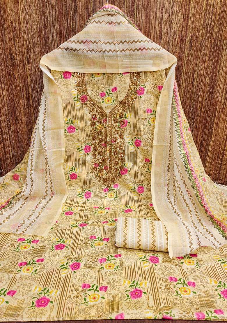 Beige Embroidered Blended Punjabi Suit - Indya