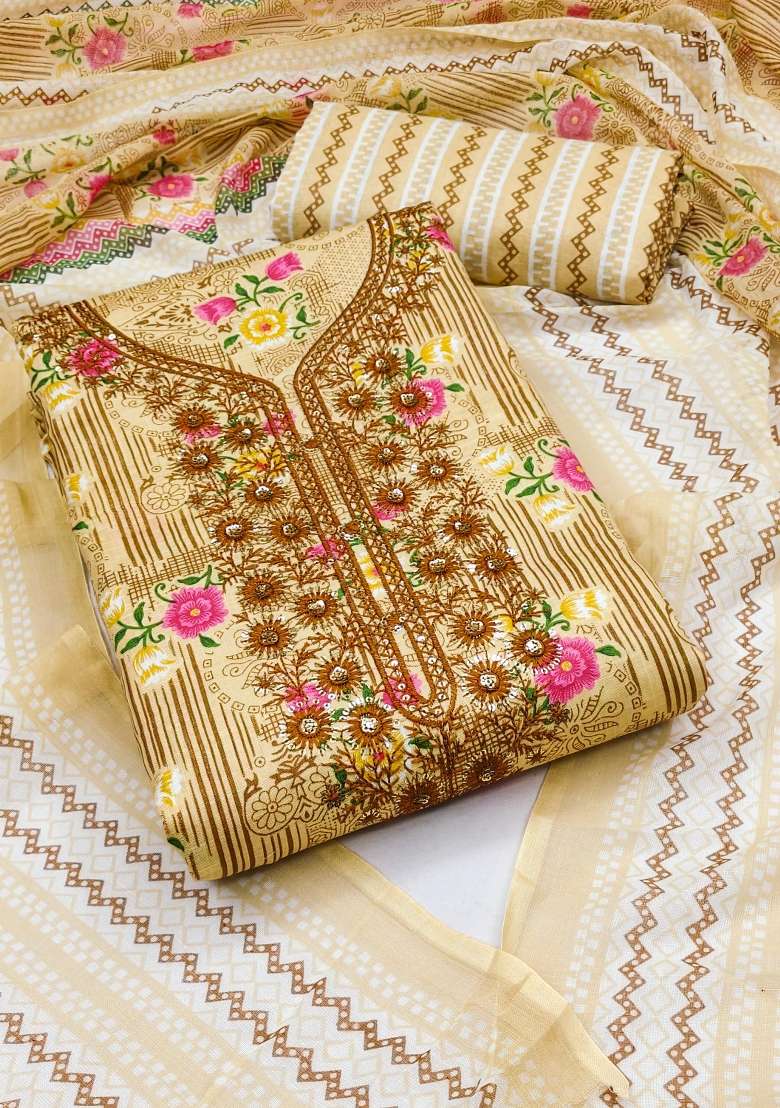 Beige Embroidered Blended Punjabi Suit - Indya