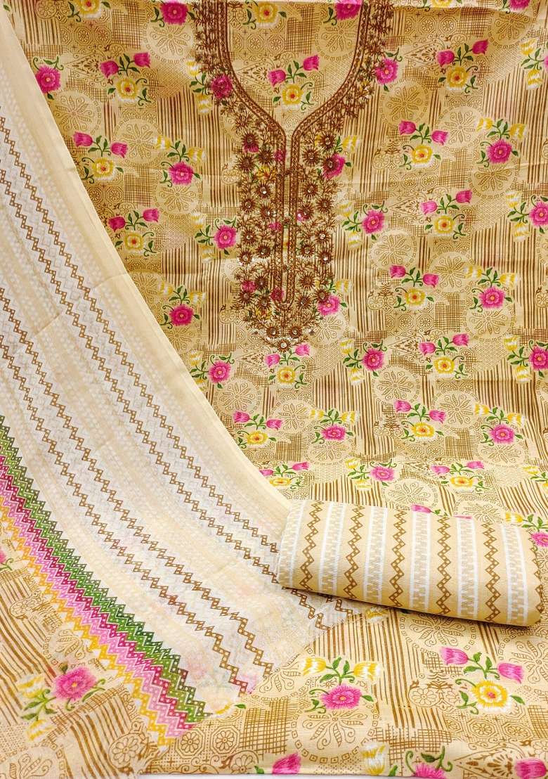 Beige Embroidered Blended Punjabi Suit - Indya