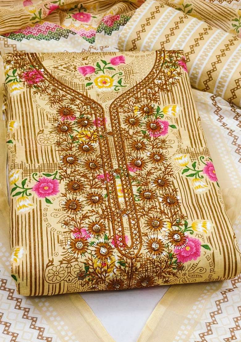 Beige Embroidered Blended Punjabi Suit - Indya