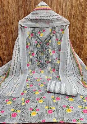 Grey Embroidered Cotton Blend Dress Material