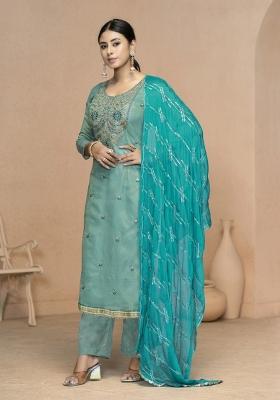 Sea Green Embroidered Viscose Dress Material