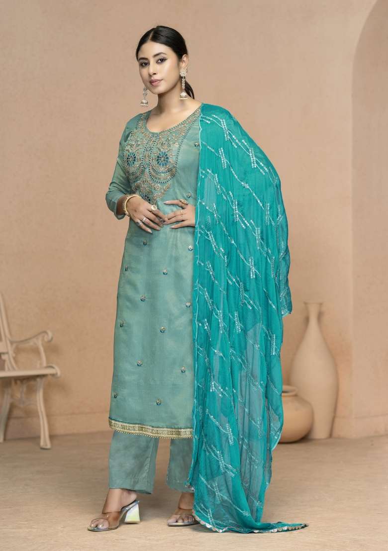 Sea Green Embroidered Viscose Straight Kurta Set - Indya