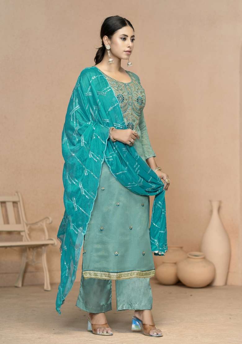 Sea Green Embroidered Viscose Straight Kurta Set - Indya