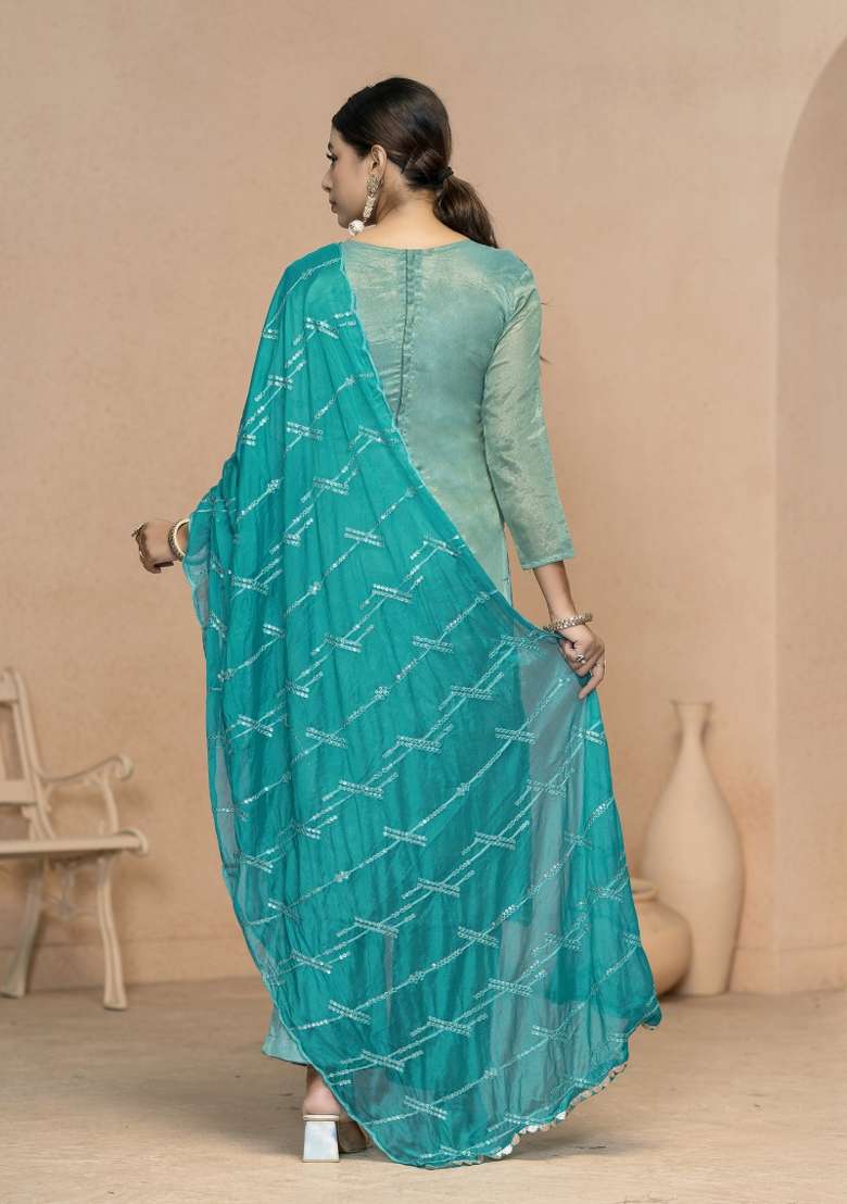 Sea Green Embroidered Viscose Straight Kurta Set - Indya